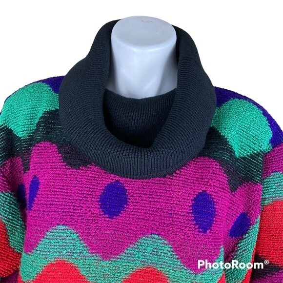 Vintage 1980’s Mondi Multicolor Chunky Color Black Cowl-neck Sweater Pullover - Picture 3 of 10